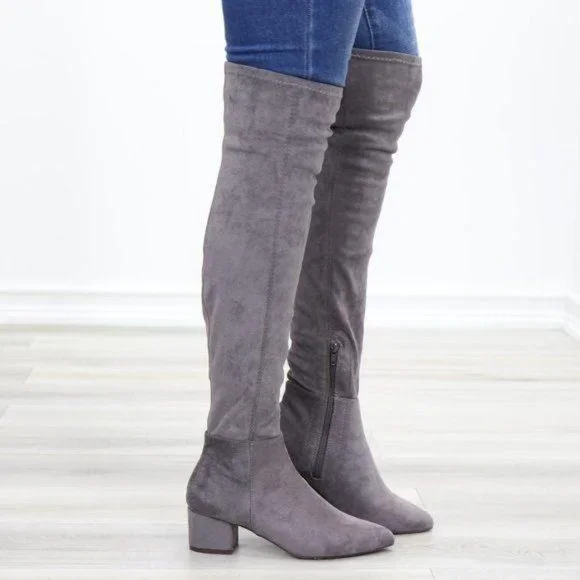 Pointy Toe Over The Knee Gray Boots Faux Suede - Picture 3 of 12